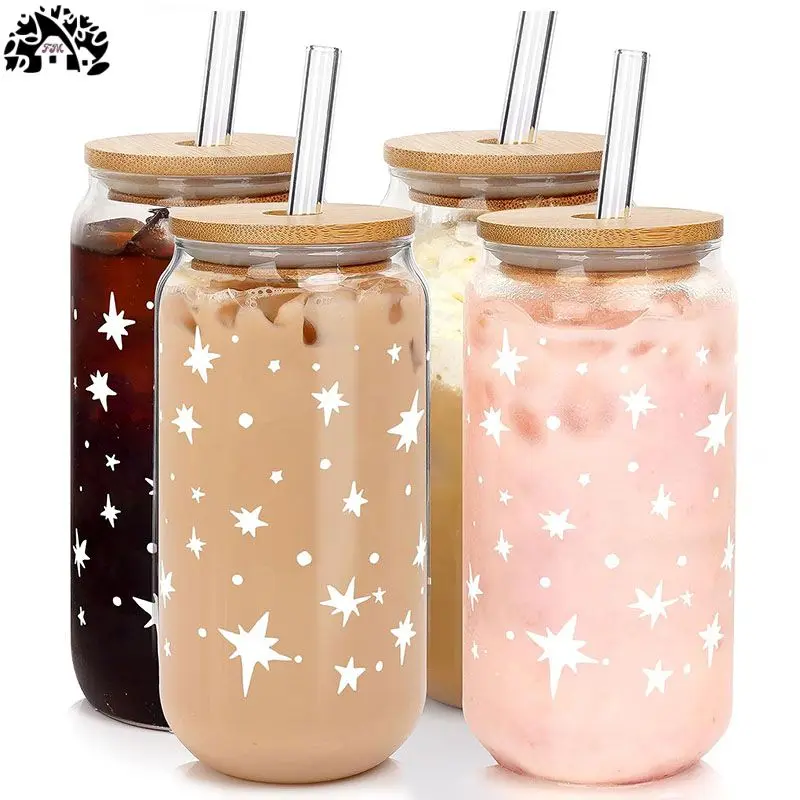 12oz High borosilicate glass bamboo lid single layer juice cup with straw clear glass cola cup large capacity single layer cup