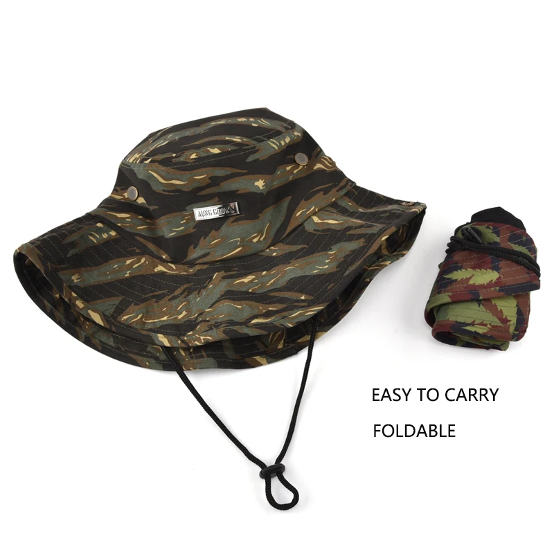 Outdoor Boonie Sun Hat Foldable Custom Camo Fisherman Women Men Cowboy Wide Brim Hiking Safari Summer Bucket Hats with Strings