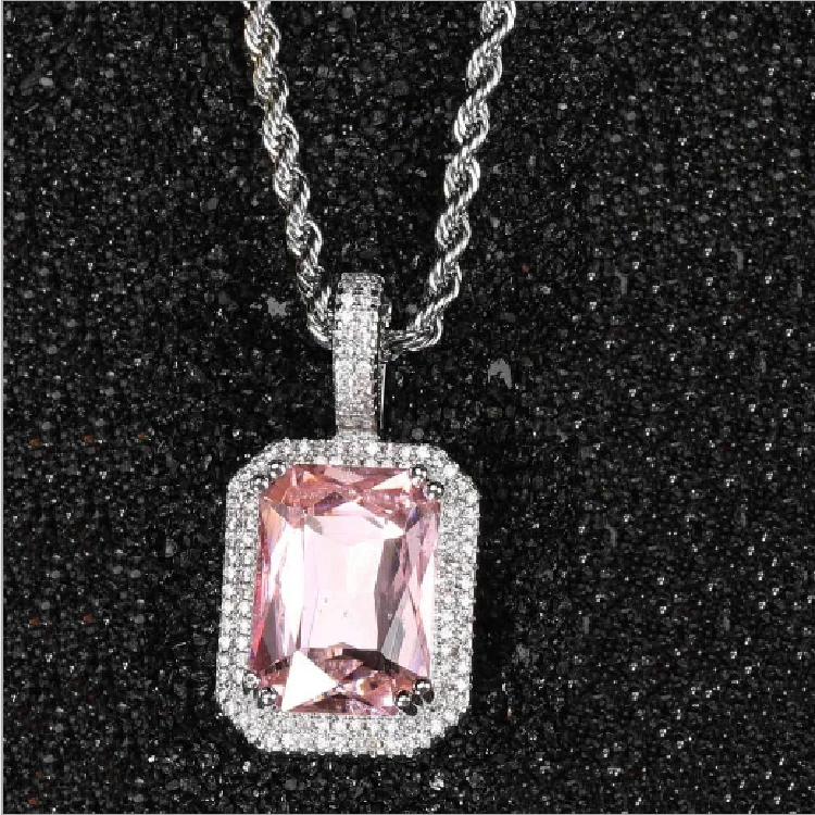 Wholesale Iced Out CZ Pendant Big Blue Crystal Rhinestone Pendant Light Blue Stone Bling Ruby Pendant Hip Hop Necklace