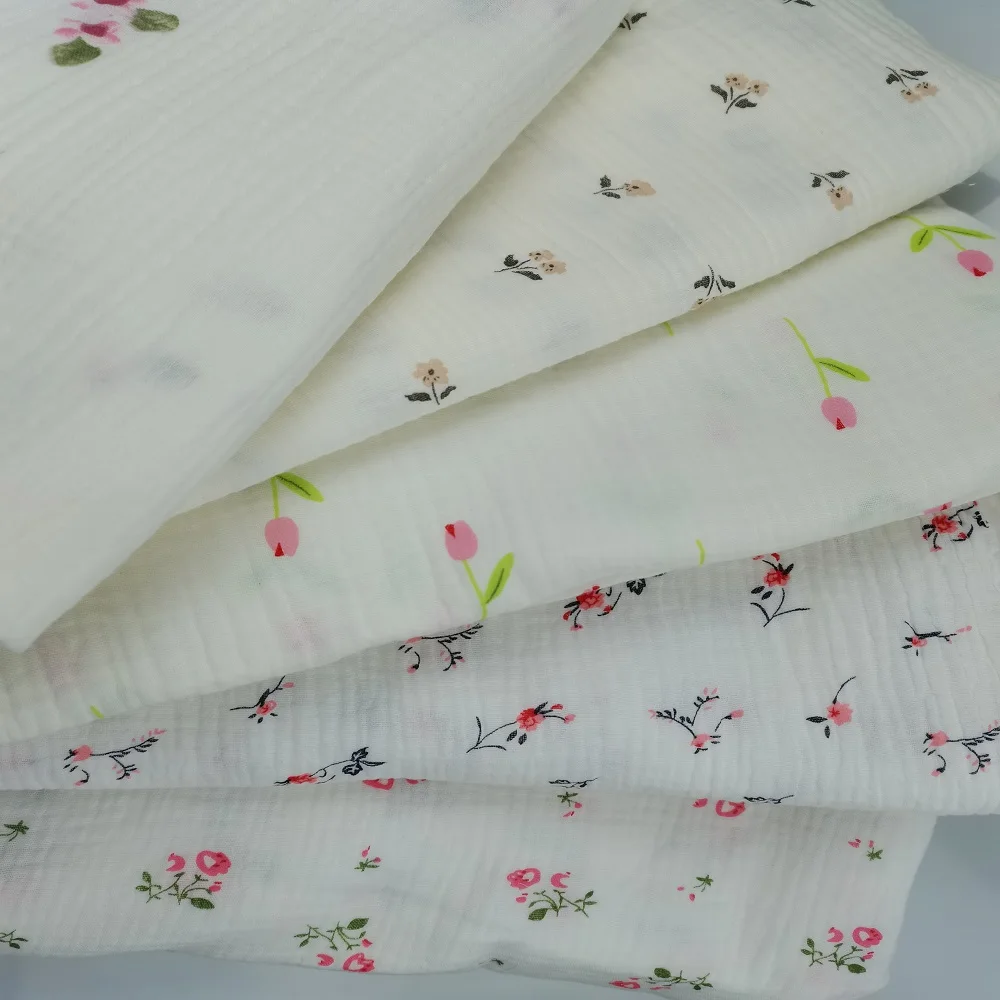 2023 factory wholesale custom designs  100% cotton Double Gauze muslin crinkle Print Fabric  for garments and swaddles
