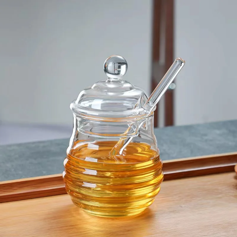 Beehive Honeycomb Shaped Hexagonal Glass Storage Pot Jar Cruet Spice Herb Honey Jam Jar with Glass Dipper and Lid
