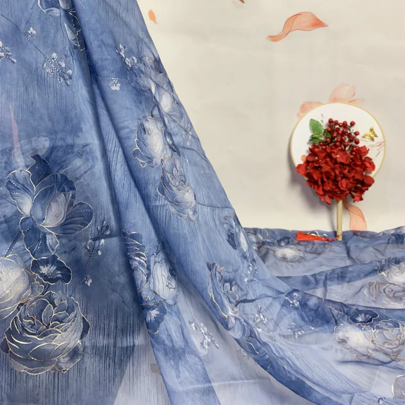 
Soft Blue Chiffon Fabric Peony Bronzing Printed Tulle Fabric for Dress Shirts, Red and Cyan, by the Meter 