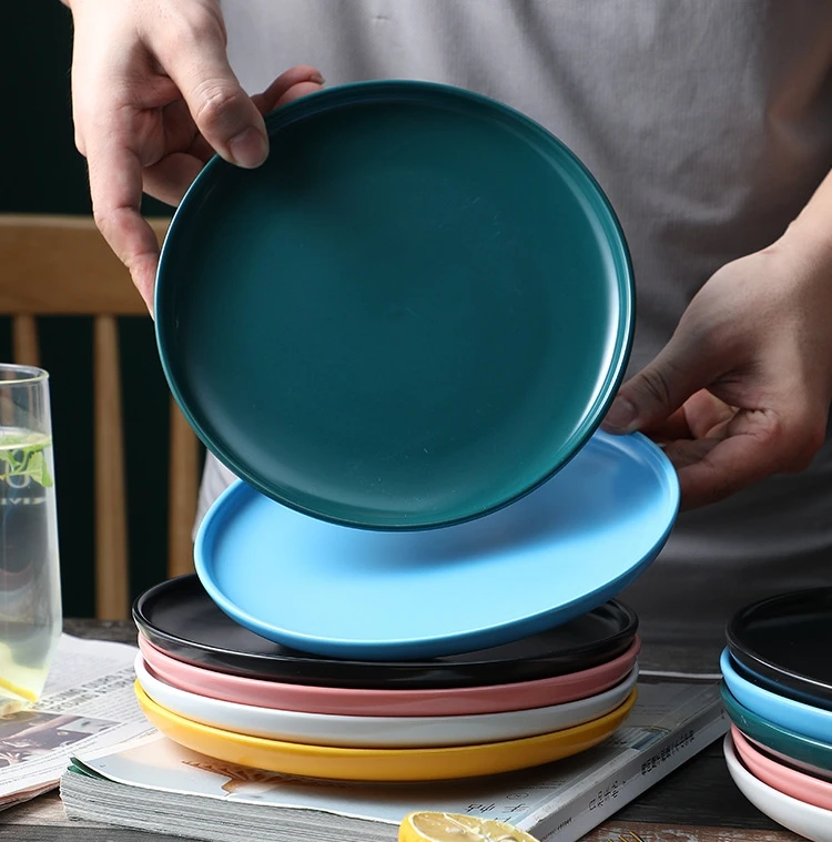 Custom Logo Luxury Solid Round Matte Surface Pottery Porcelain Ceramic Dinner Dish Rolling Tray Plates