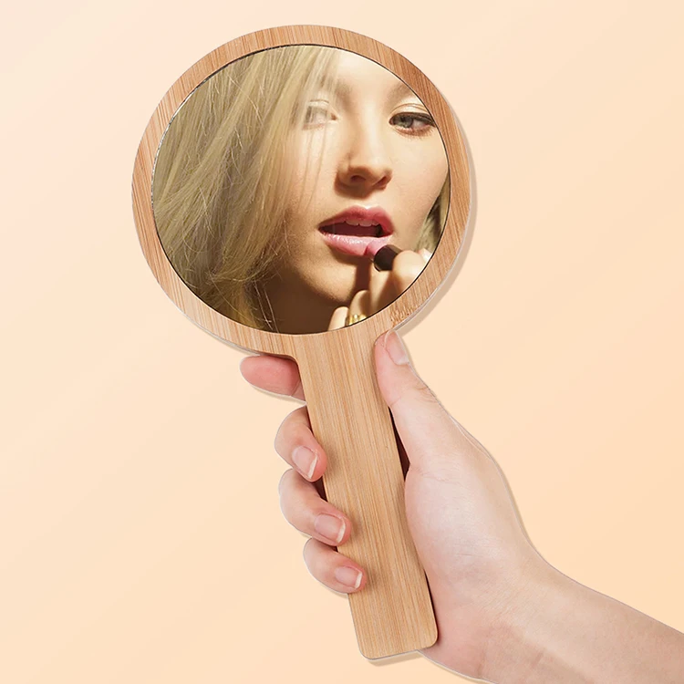 wholesale custom portable small round handheld makeup mirror bamboo framed hand cosmetic mirror with private label for travel