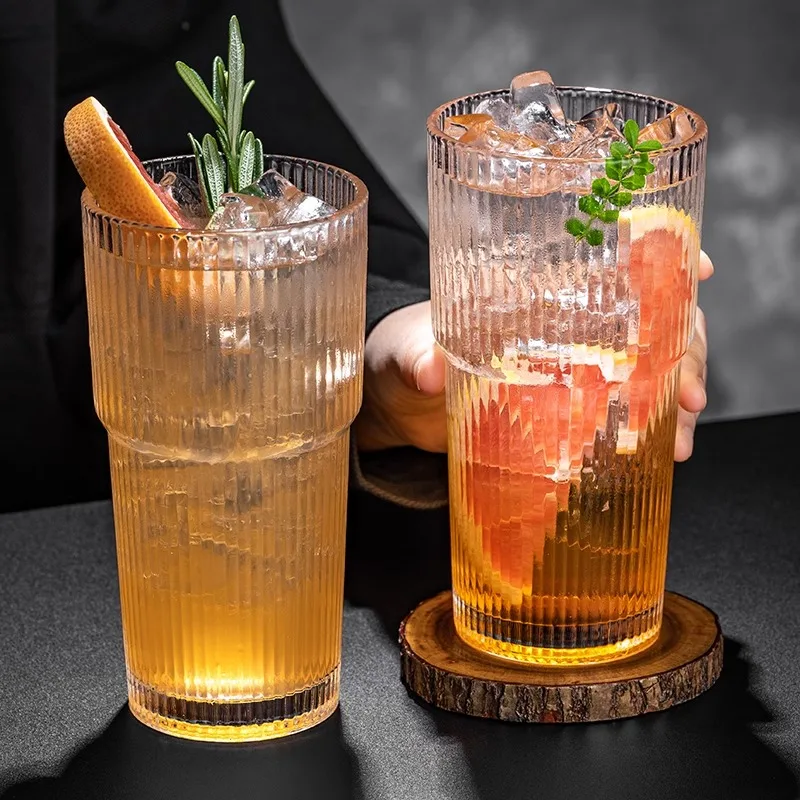 Wholesale Large Capacity Drinking Glass Tumbler Stackable Ribbed Coke Coffee Cup Striped Cocktail Water Glasses