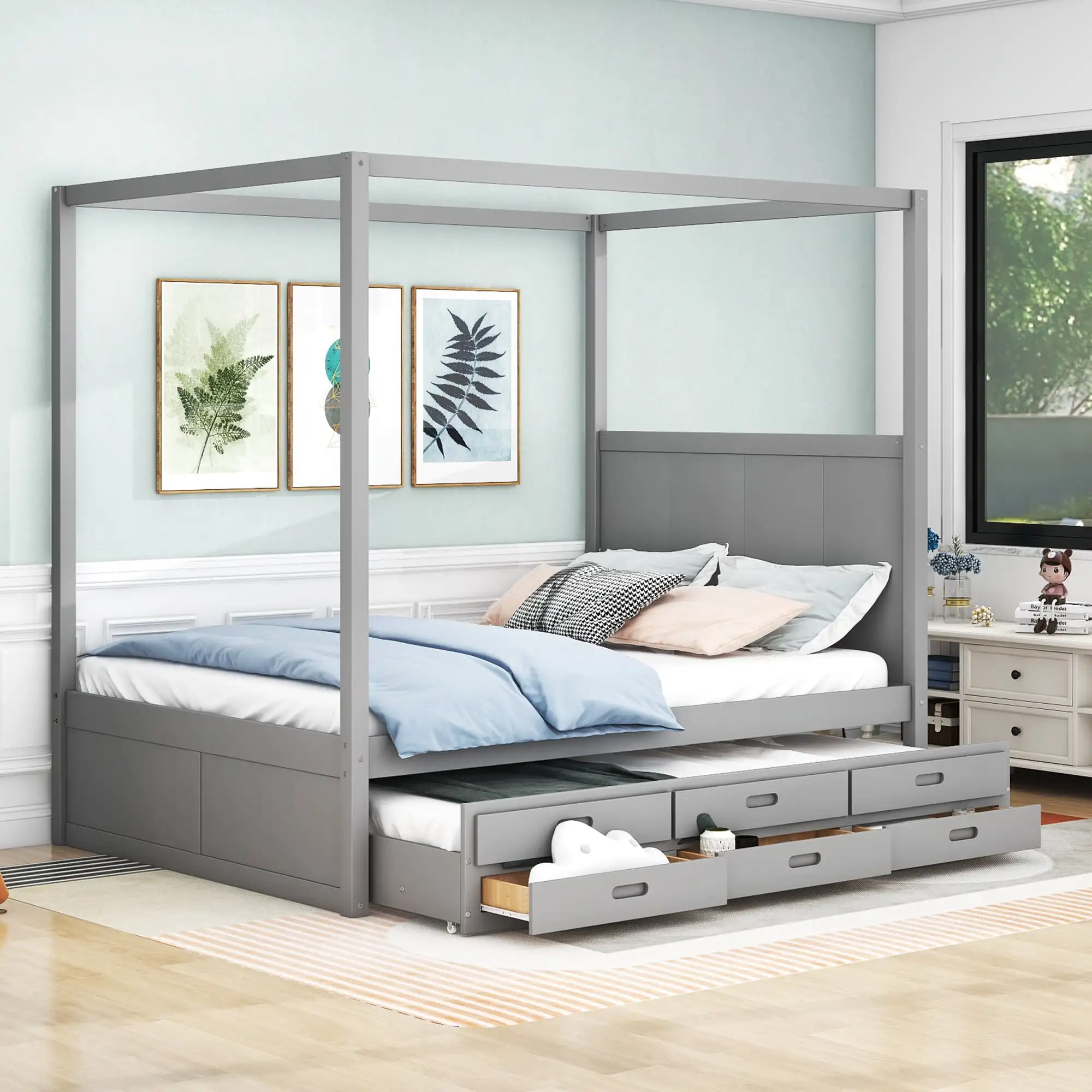 Queen Size Canopy Platform Bed with Trundle Bed and Drawers, Solid Wood Canopy Bed Frame with 3 Storage Drawers