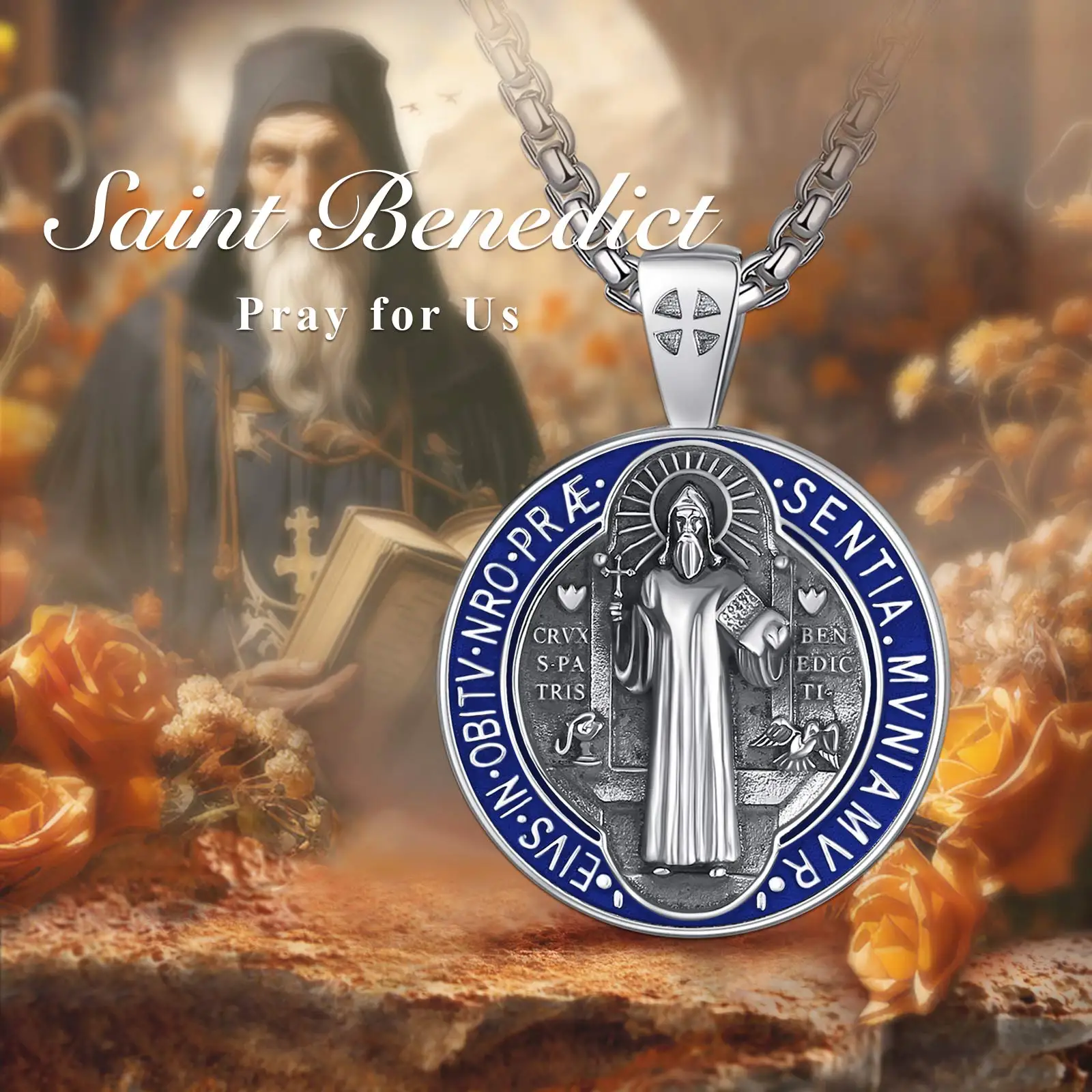 Changda blue enamel men 925 sterling silver amulet jewelry 3d religious pendant protectionsaint st benedict medal necklace