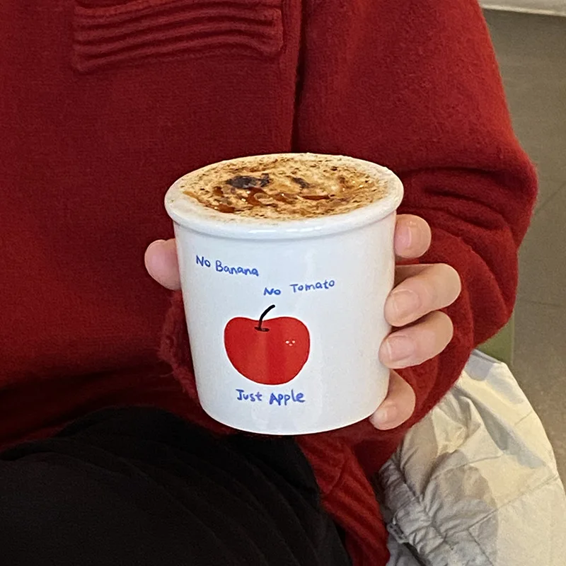 Lelyi Homemade minimalist hand-painted red apple coffee cup cute retro letter ceramic mug