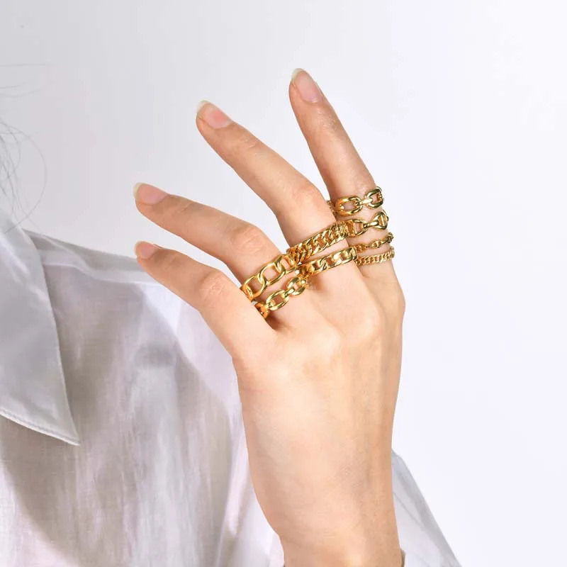 New arrival 18k Gold Plated Stainless Steel Statement Chain Ring Open Ring Adjustable Skeleton Finger Rings for women