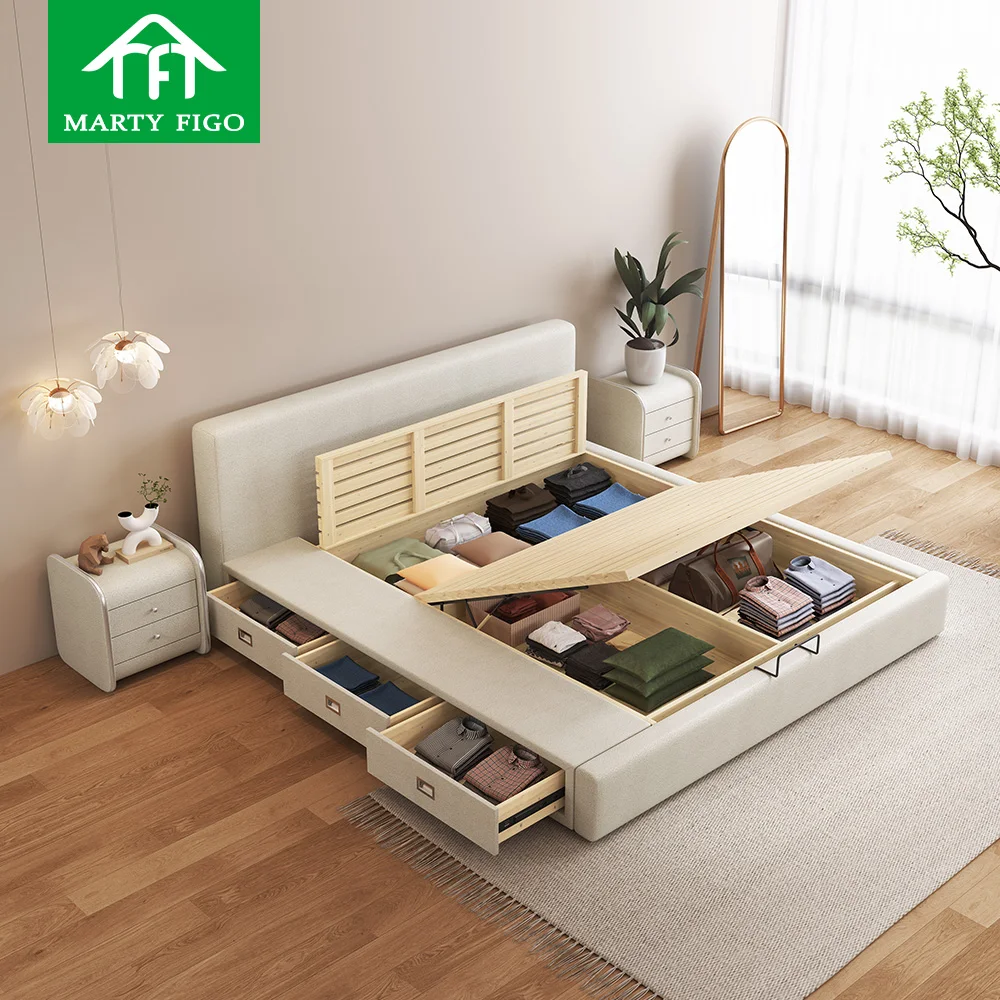 Modern simple solid wood platform ottoman white upholstered bed frame with storage underneath gas lift storage bed with drawers