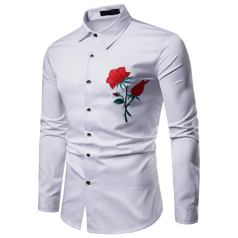 New Mans White Shirts Ethnic Style Rose Embroidery Turn-down Collar Shirts