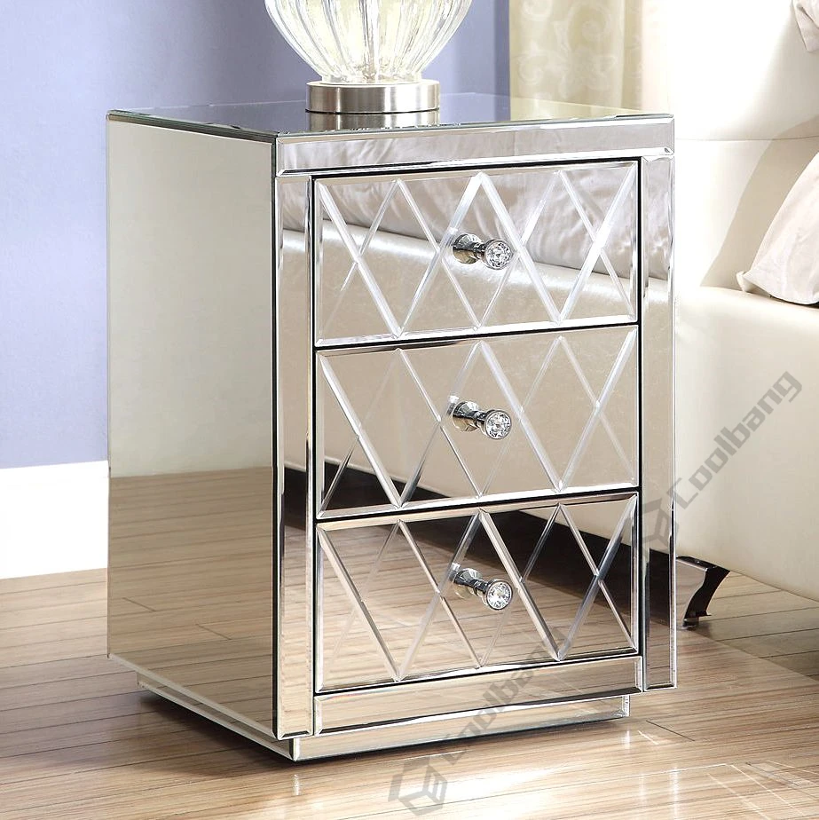 Modern Home Furniture Mirrored Bedroom Bedside Table with 3 Drawers Nightstand