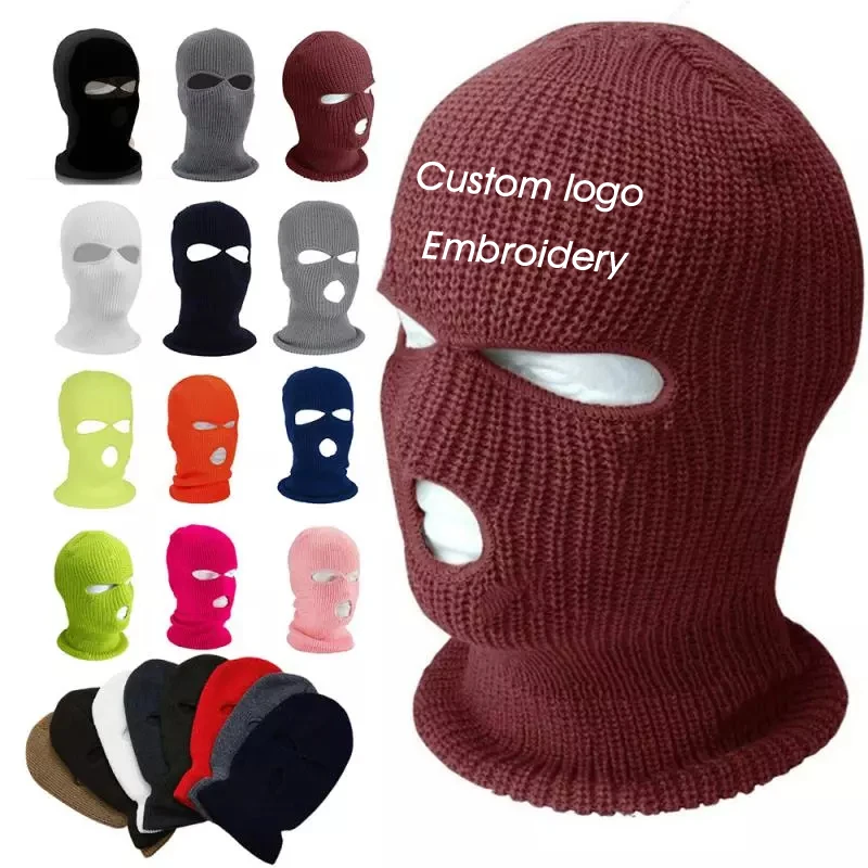 Wholesale Custom logo beanie hats Knit Full Face Cover ski mask 3 hole balaclava ski mask