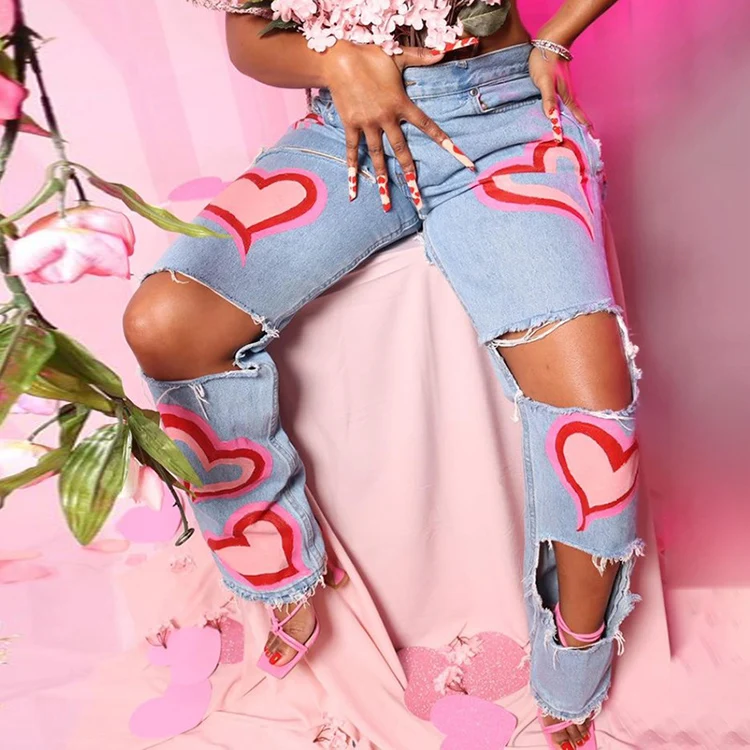 Modern 2021 Fall Autumn Trending High Waist Women Fashion Quality Trousers Streetwear Hollow Out Heart Print Denim