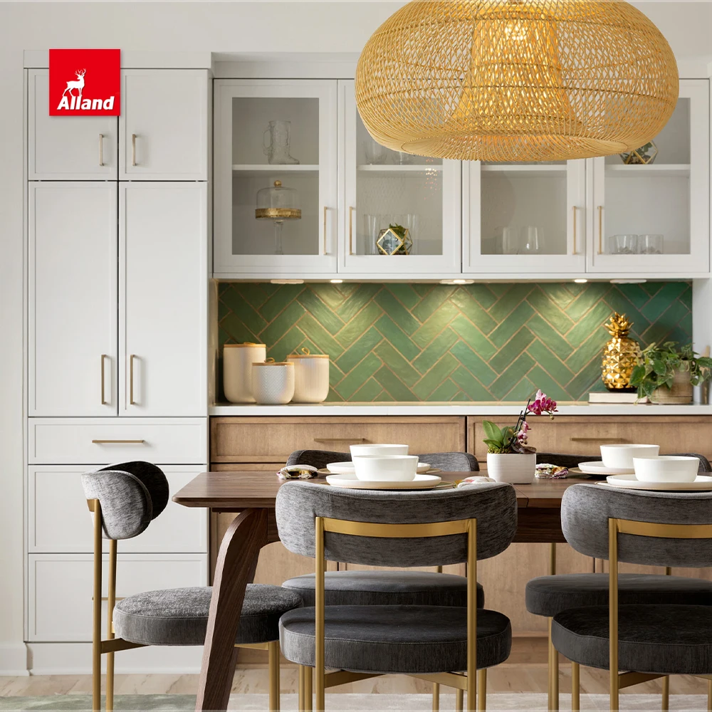 AllandCabinet Custom Luxury White Slim Shaker Thin Skinny Brown Nature Wood Oak Kitchen Cabinet with Countertop Island Two Tone