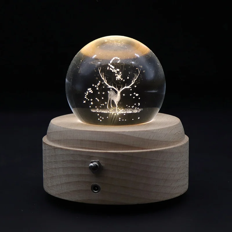 Night Lights Decor 3d Crystal Ball Night Lamp Music Box Wooden Led Night Light For Bedroom
