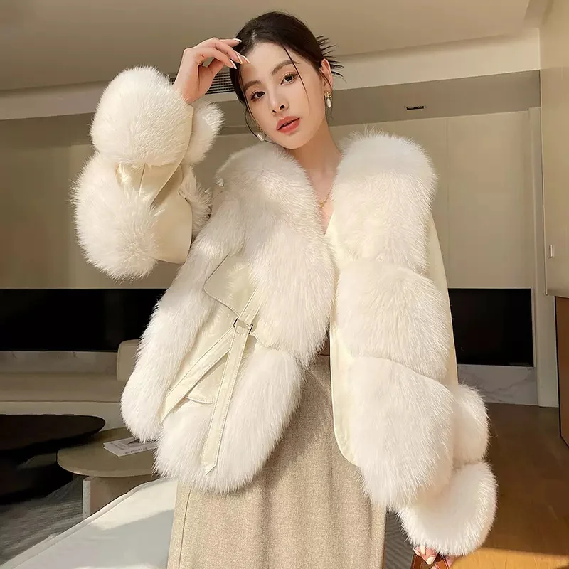 New arrival winter women real fox fur coat patchwork sheepskin leather coat thickened down coat fashion jacket