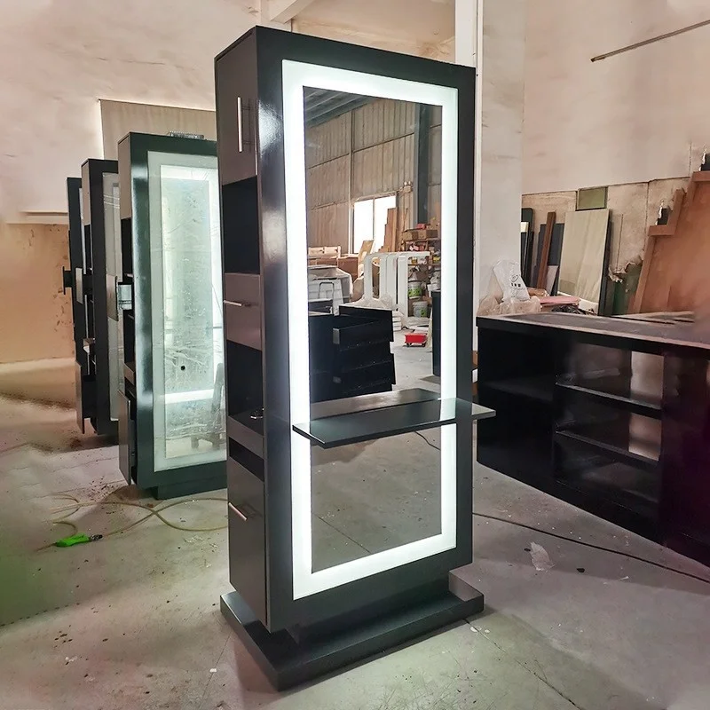 Unique design salon station cabinet black wooden hair salon mirror led designs for wholesales