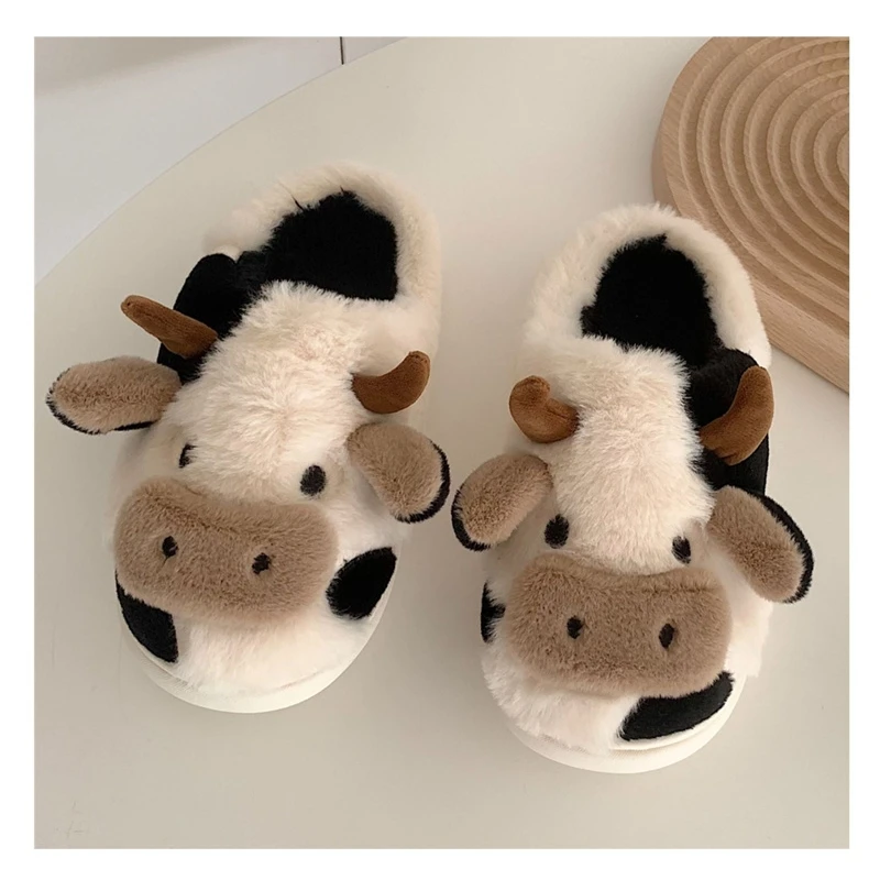 Hot-selling winter warm indoor home cute animal cow printed plush cow funny fur slippers