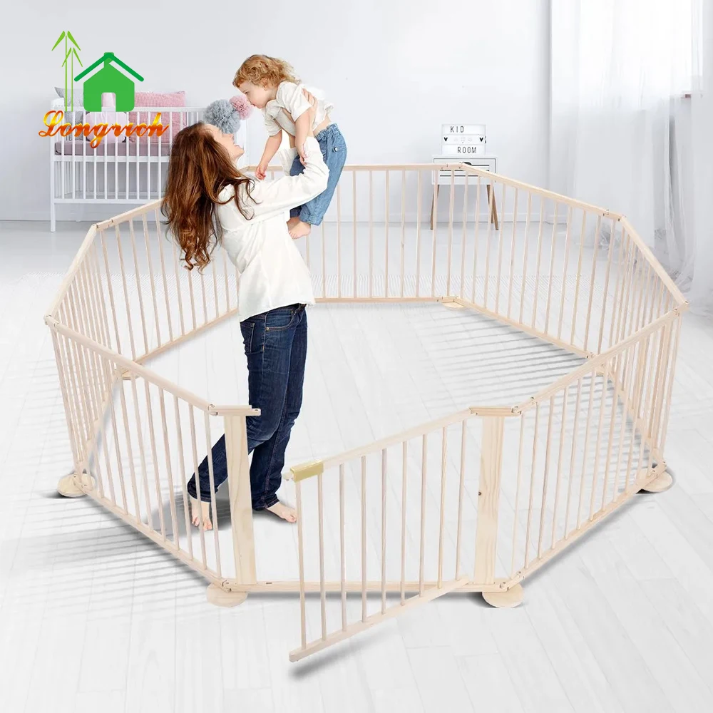 Wooden Playpen Foldable Removable for Baby and Toddlers with Mat Slide Wooden Safety  For Kids Indoor