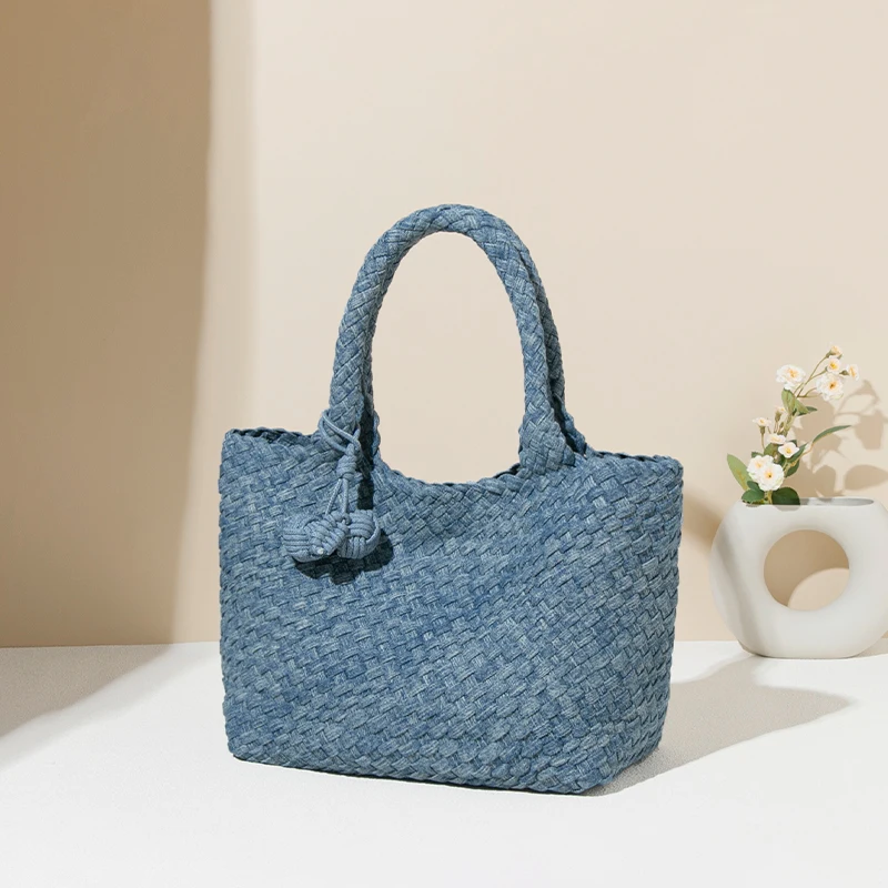 Factory direct new ladies bag fashion senior denim full handmade weaving bag handbag shoulder large capacity   travel tote bag