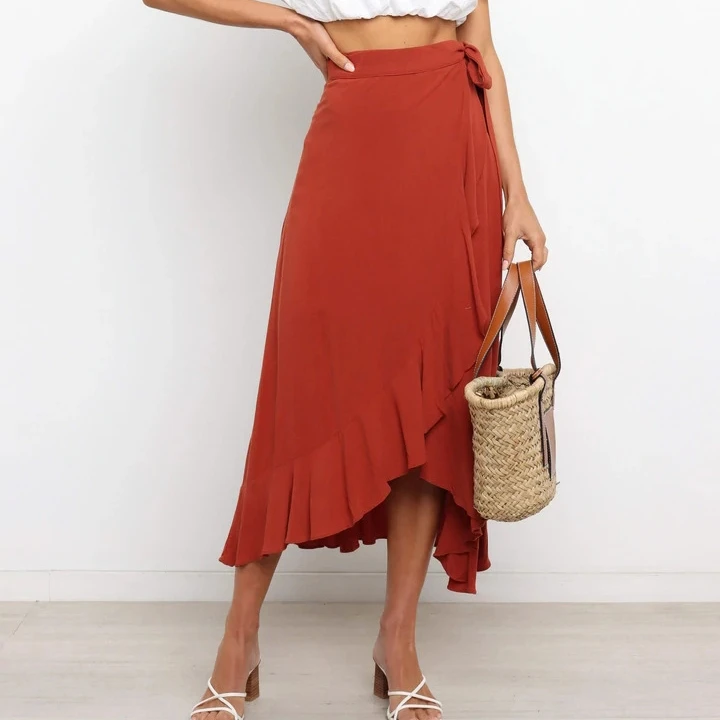 Trendy Casual Frill Hem Wrap Skirt With Belt Women Irregular High Waist Maxi Slit Midi Skirt