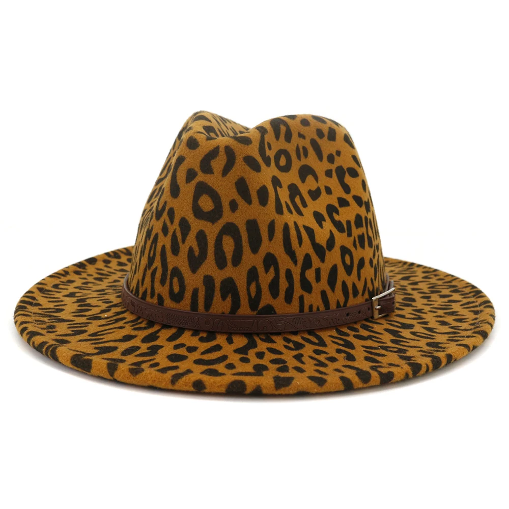 Womens Classic Wide Brim Panama Hat Belt Buckle Wool Fedora Hat leopard print