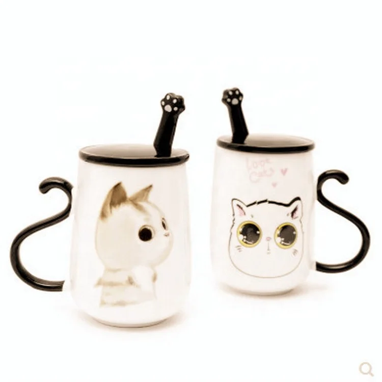 lovely 470ml white cartoon cat lovers couples ceramic mug with black tail handle lid and spoon