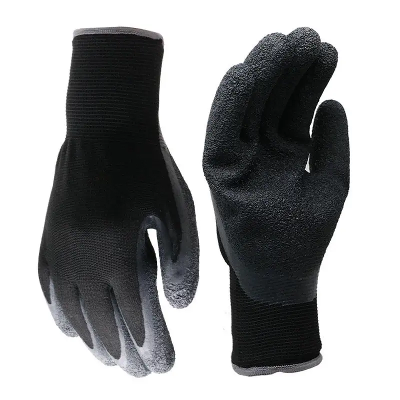 Great grip breathable 13 gauge polyester black crinkle latex palm coated construction work latex gloves