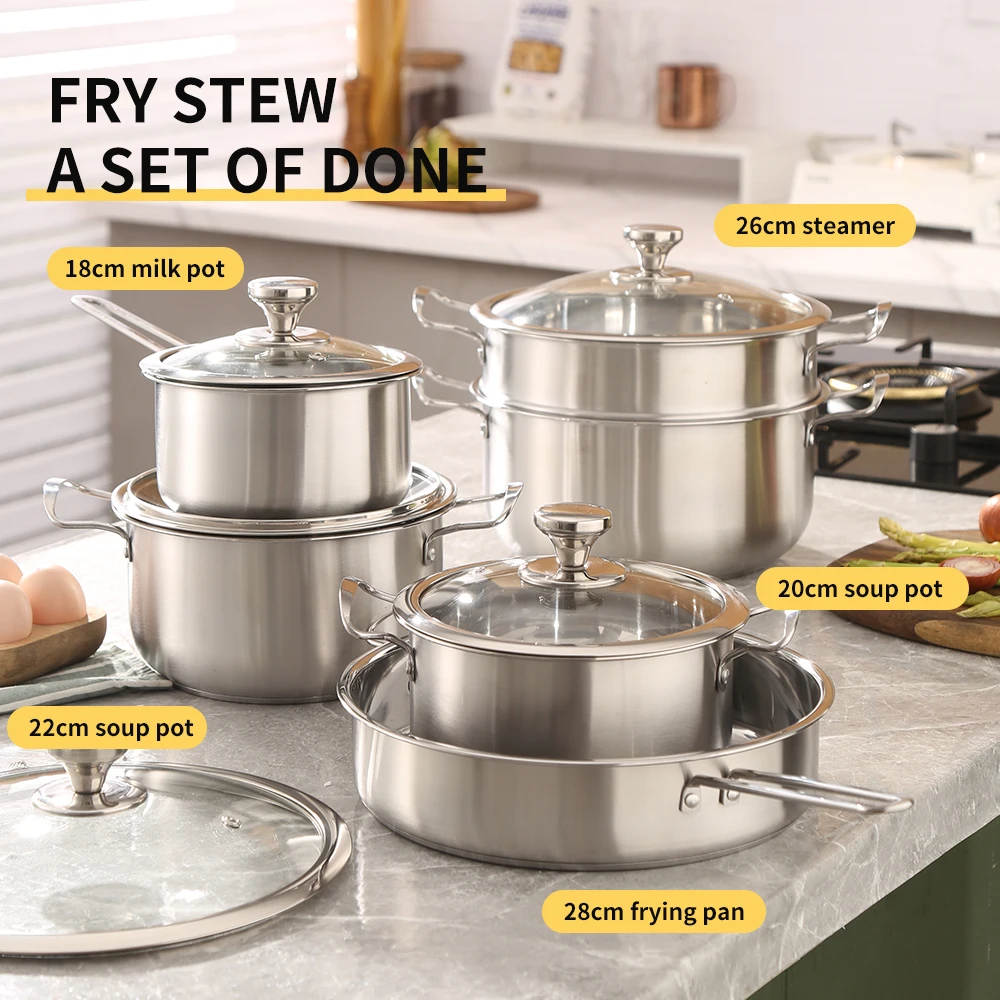 Korean hot selling 11pcs stainless steel cookware set Fine polishing casserole soup pot nonstick fry pan set juego de ollas