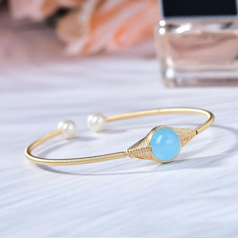 Natural Spiritual Energy Crystal Healing Fashion 14k Real Gold Bangle Cuff Open Moon Stone Magic Bracelets for Her