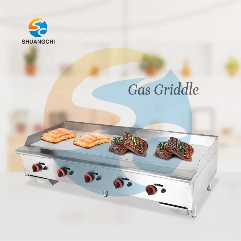 Shuangchi Commercial LPG Gas Beef Griddle Stainless Steel Cooking Griddle Stove Barbecue Grill Machine With 5 Burner