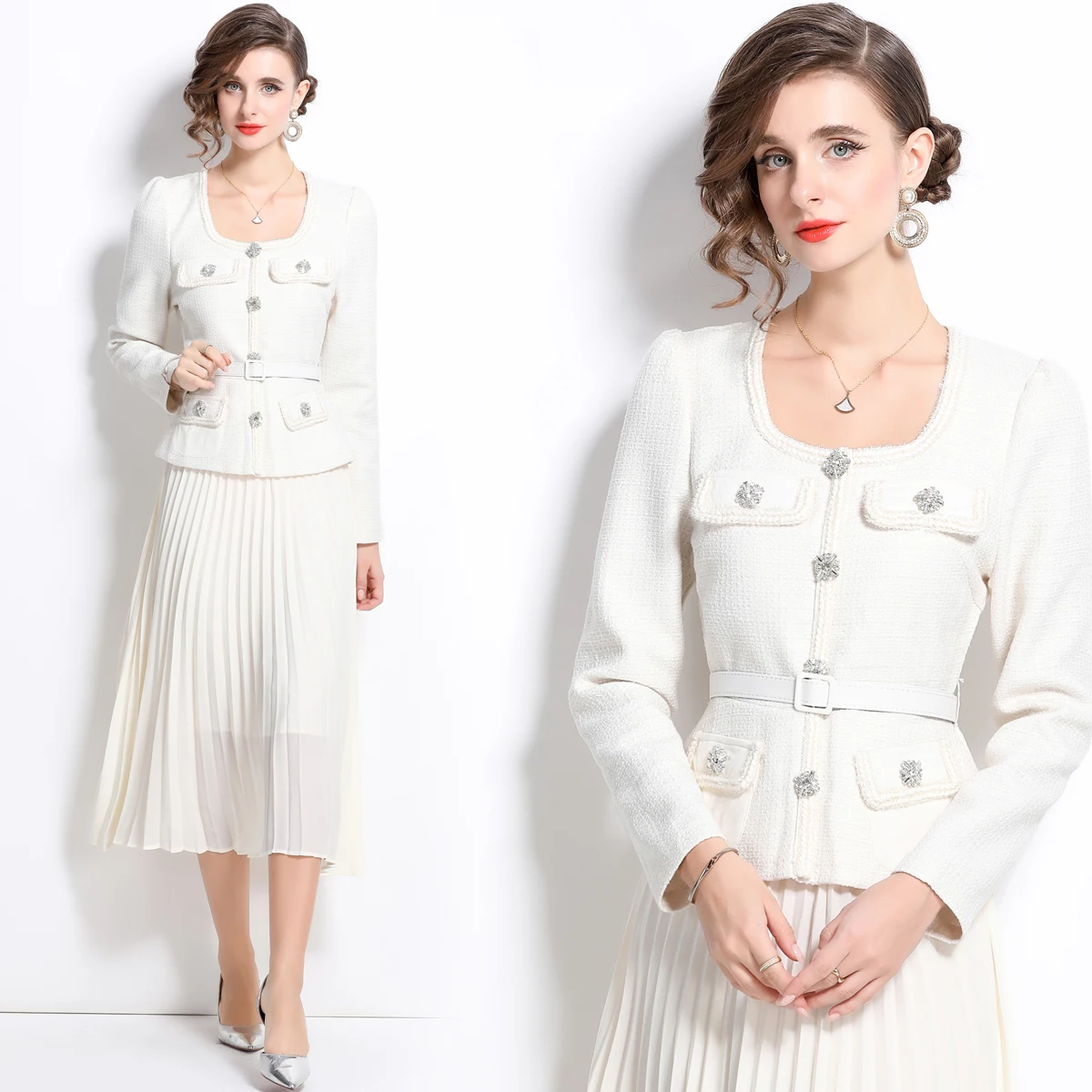 Droma in stock high end fashion slimming patchwork swing pleated dresses women casual elegant long white dress