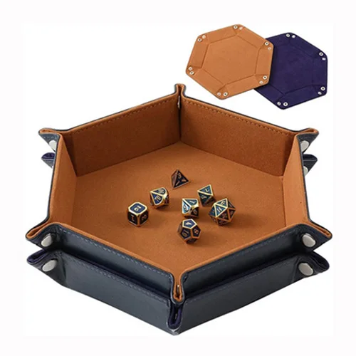 Hexagonal Table Game Dice Storage Box PU Leather Velvet Foldable Rolling Dice Tray