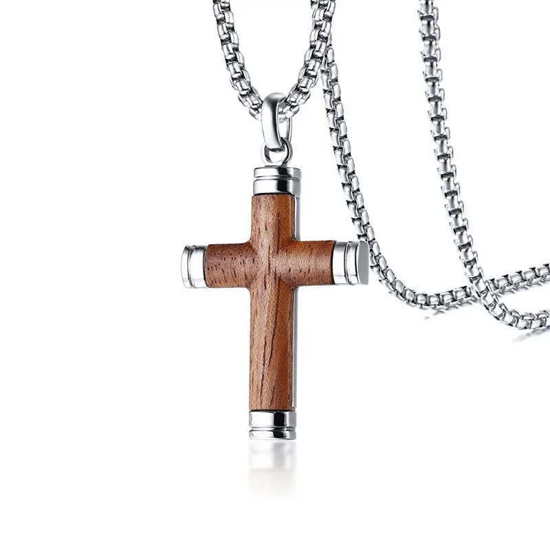 Energinox Wholesale Christian Jesus Rose Wood Inlay Stainless Steel Simple Plain Cross Pendant Necklace for Men 20 inches Chain