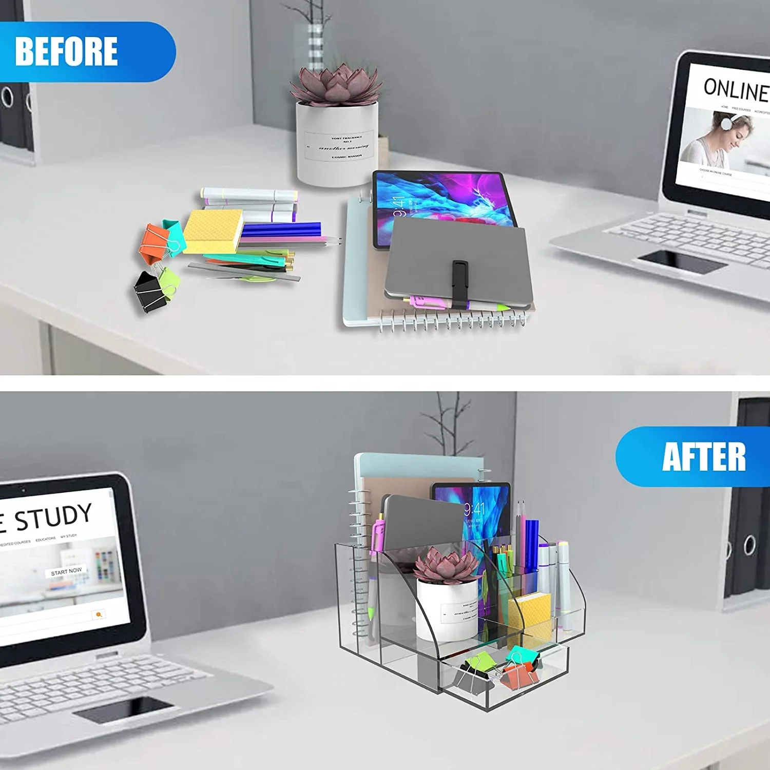 Clear Desk Organizer Office Accessories Multifunctional Acrylic Functional Desk Organizer with 8 Compartments
