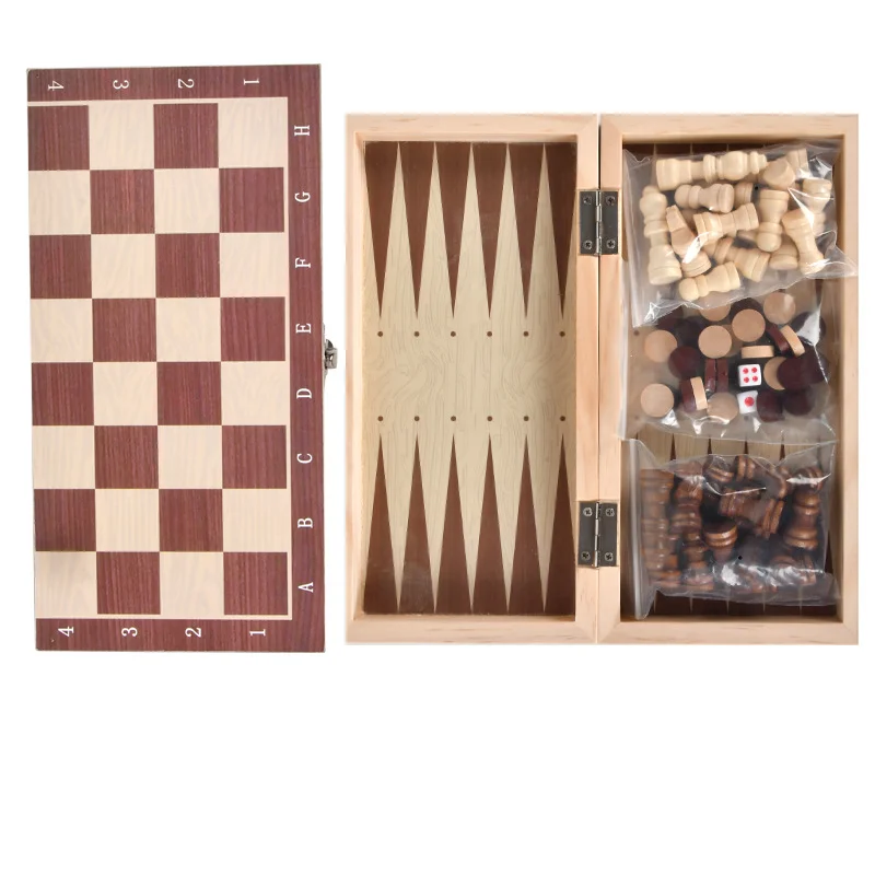 Dericsson 3-in-1 Wooden solid wood chess checkers Backgammon game Folding portable puzzle board toy