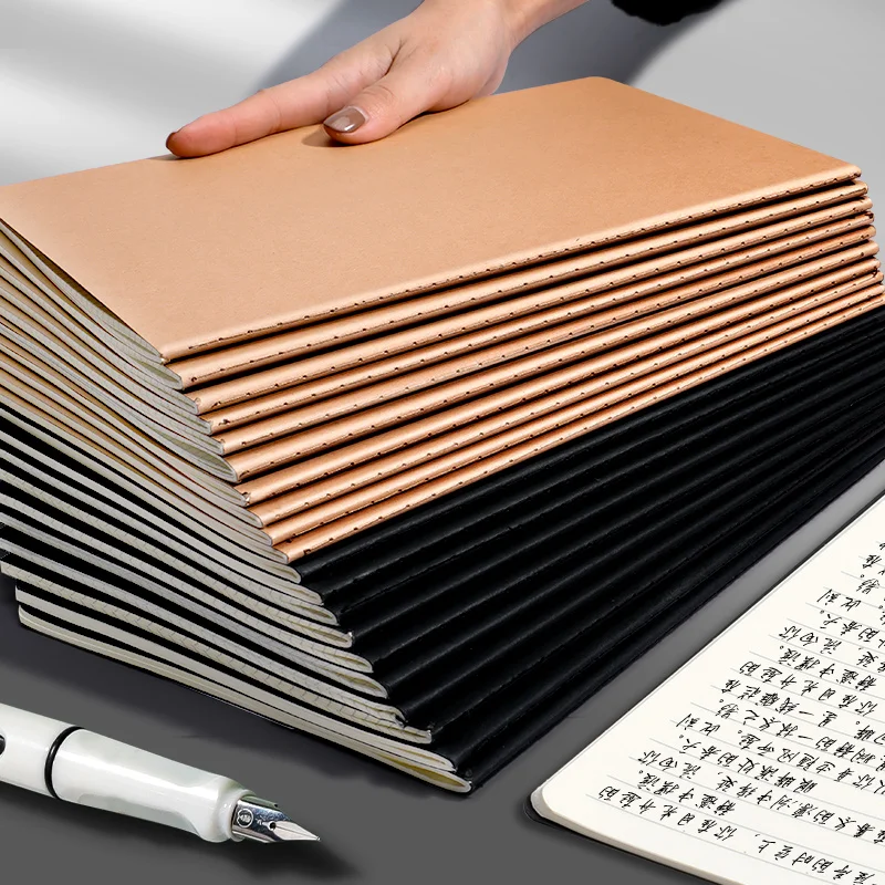 Manufacturer source A5 B5 size stitch book, blank horizontal line grid, inner page, Kraft paper, black cover