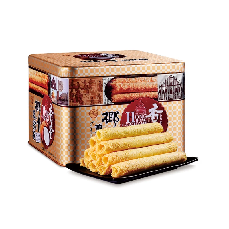 Chinese Traditional Egg Wafer Stick Coconut Flavor Crispy Chinese Snack Food Egg Rolls in Square Tin