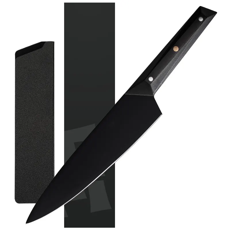 Premium 8 inch black titanium nitride non-reflective coating 7Cr17 MOV full tang chef knife with G10 CNC handle