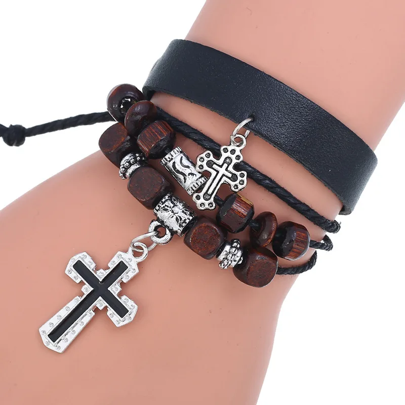 Assorted Vintage Punk Leather Bracelet  Cool Wooden Beads Cross Butterfly Leaf Feather Charm Leather Bracelets Couple Gifts