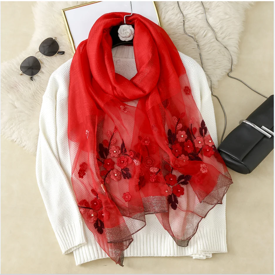 2023 new style silk wool blended silk scarves mulberry silk pashmina embroidered turban ladies scarf shawl