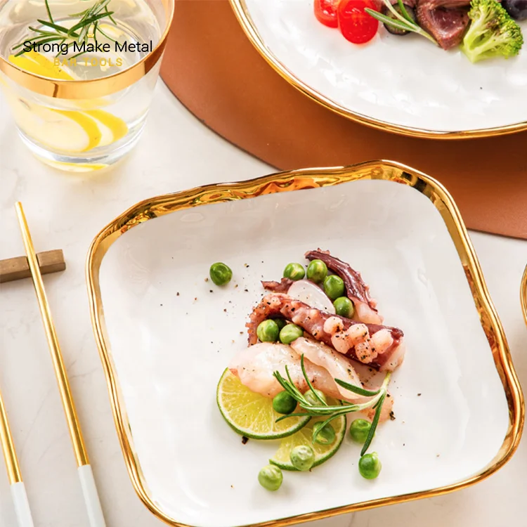 Hot sale Nordic color glaze marble gold rim dishes plate sets Crockery Tableware Porcelain ceramic dinner plate dinnerware