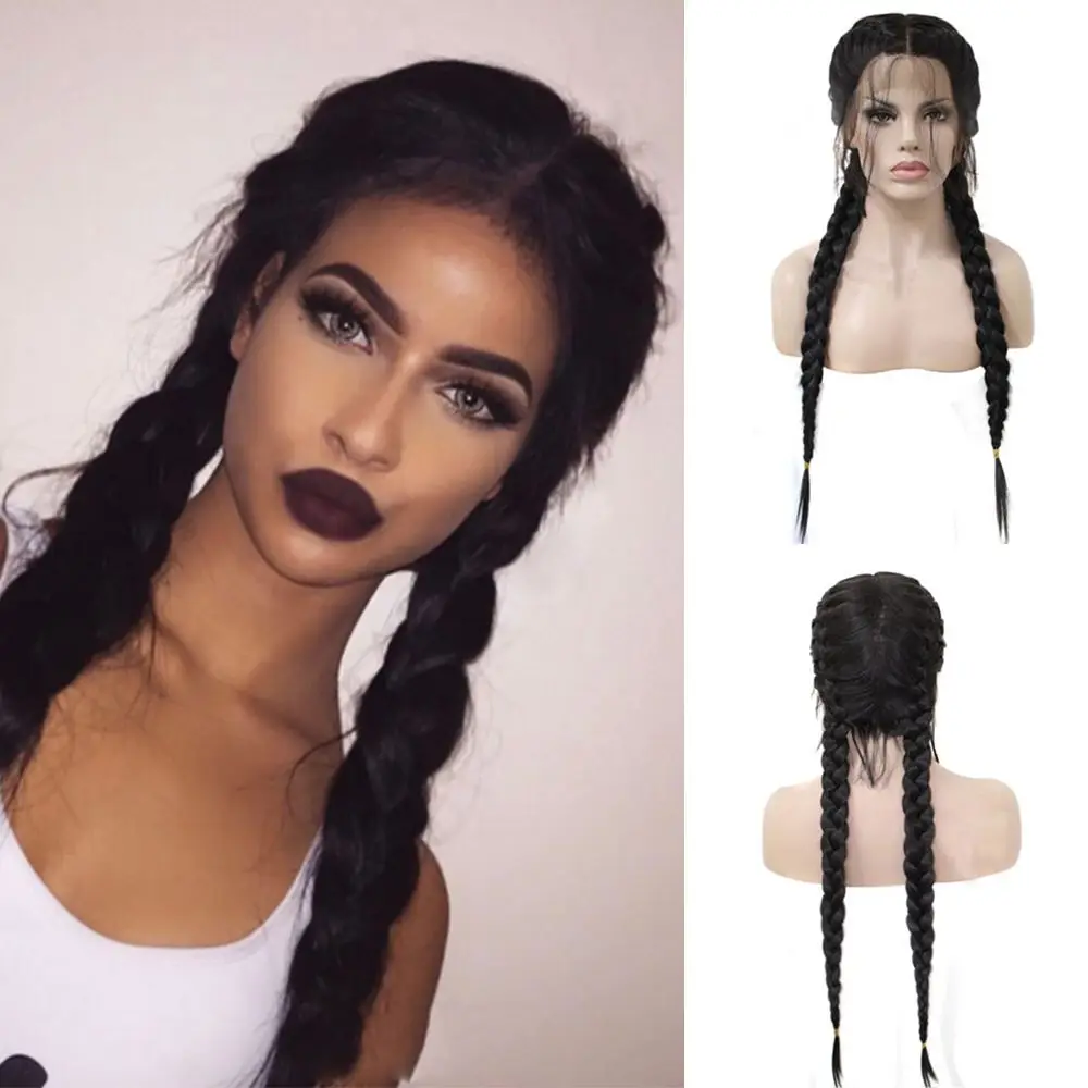 Ladies Fashion Black Double Ponytail Braid Front Lace Braided Wigs Chemical Fiber Headgear Plait Women Wig