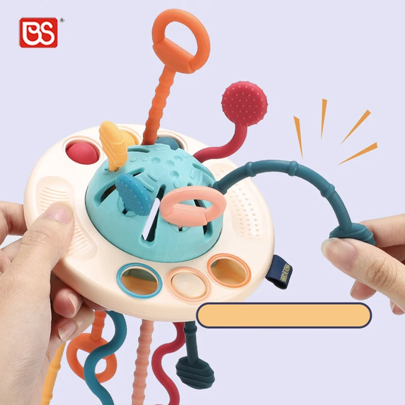 BS Toy Toddler Learning Sensory Development Silicone Pull Flying Saucer Shape String Music Other Baby Teether Toy For Sale