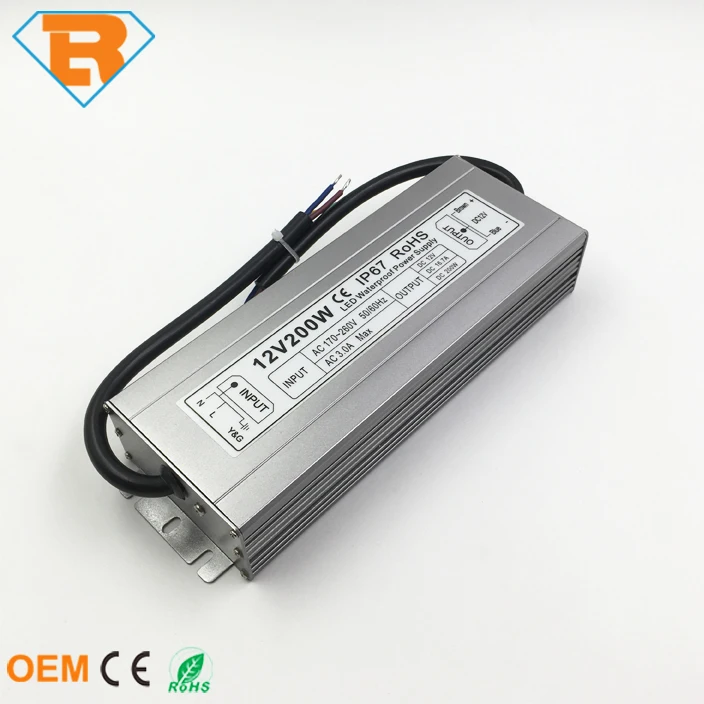 IP67 Iron Shell Waterproof LED Power Supply 200W AC170V-AC260V to DC12V DC24V for led strip led module lighting