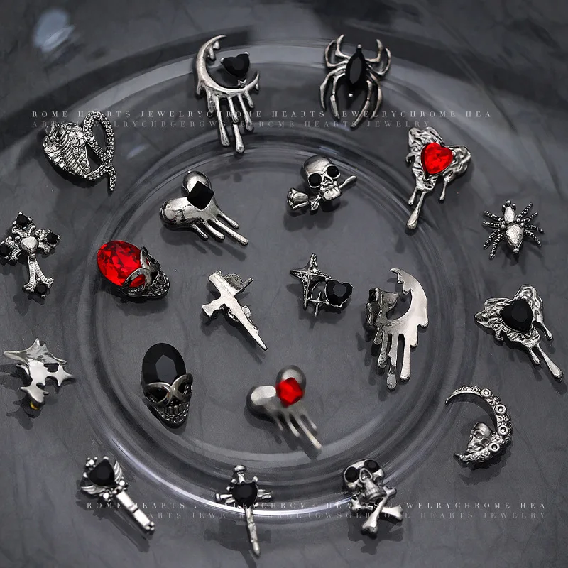 Halloween Nail Art Charms 3D Dark Style Black Skull Spider Cross Alloy Metal Punk Nail Art Jewelry Decoration for nail beauty