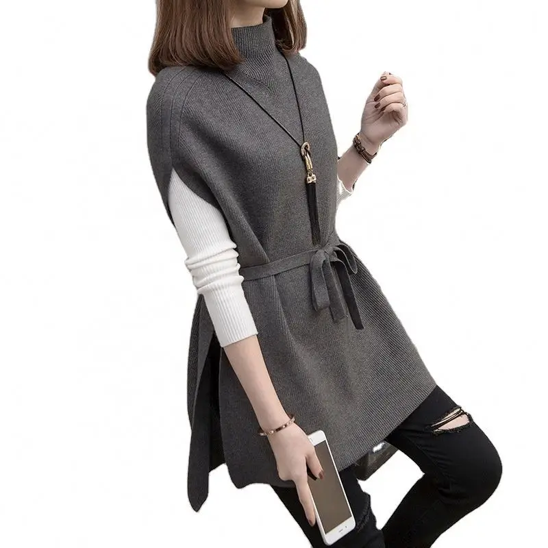 New Style Half high Neck Sweater Pullover Women Loose Knitting Vest Tops Sleeveless Belt Waist Casual Knitwear