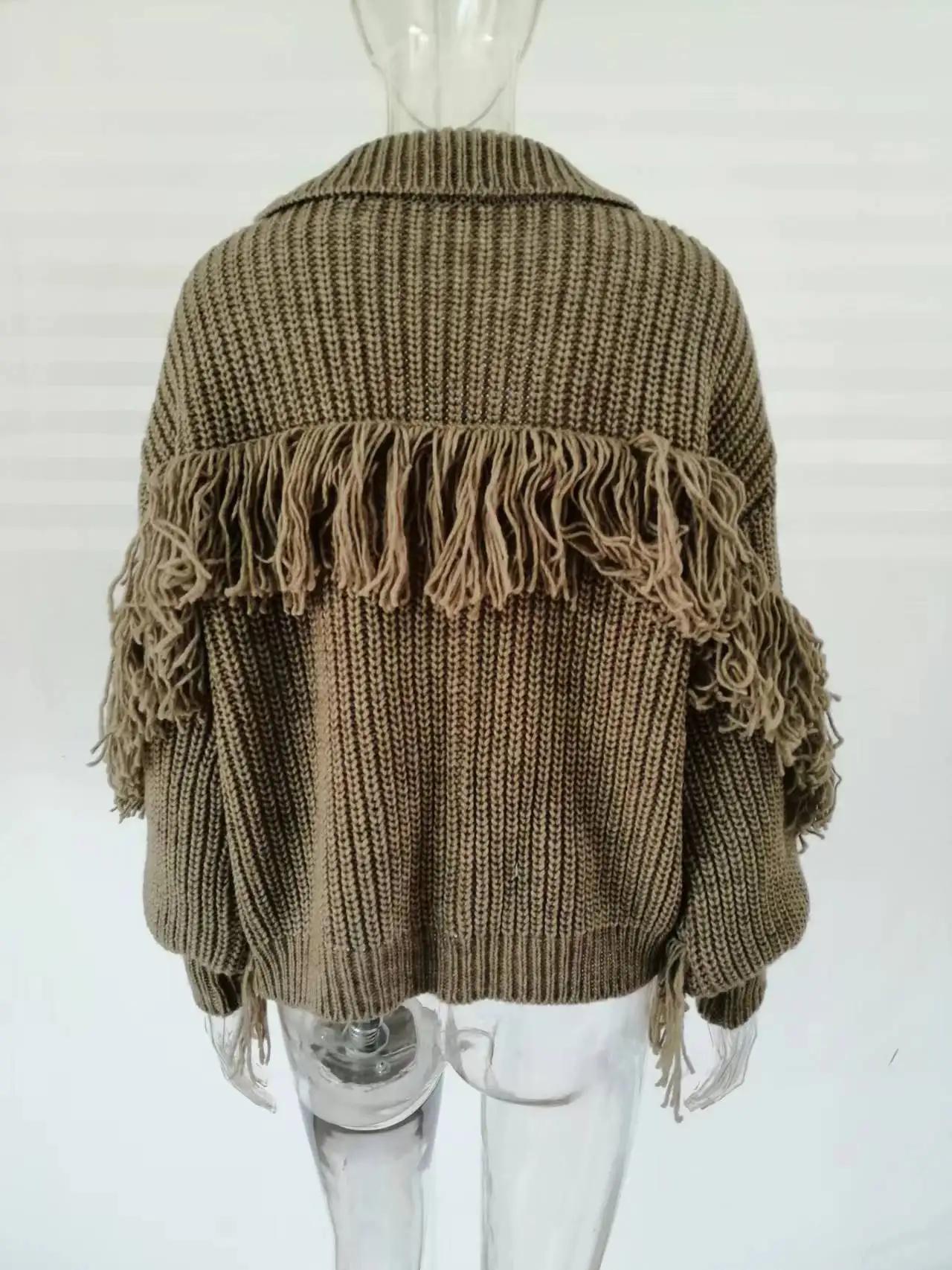 women clothing turn-down collar tassel thick heavy gauge knitted fashion new design wool sweater cardigan for women