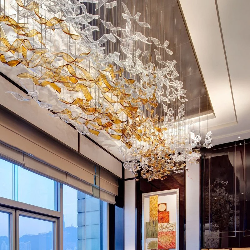 Large Project Ceiling Pendant Lamp ODM Hall Lighting Luxury Murano Glass Ribbon Chandelier